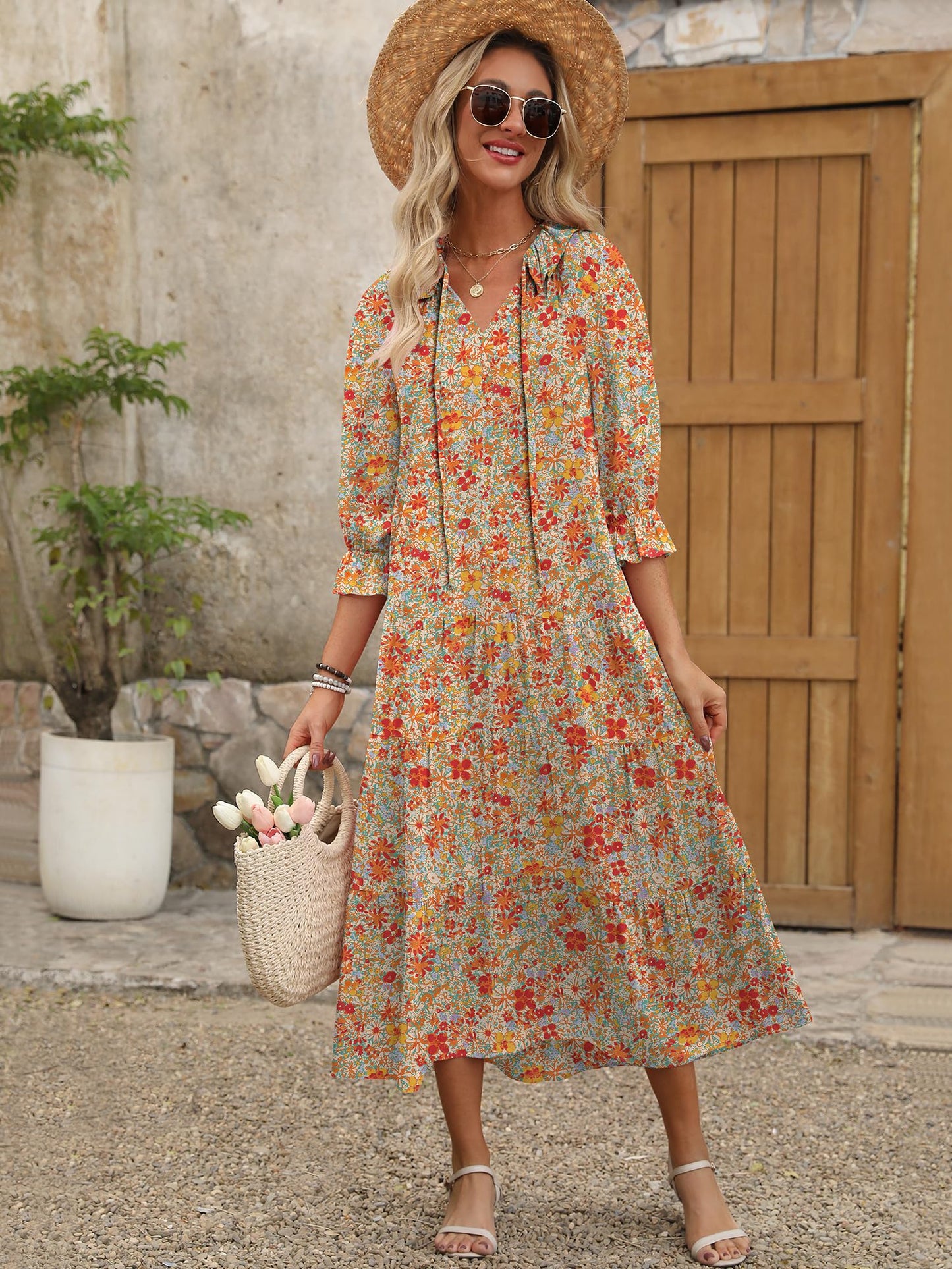 ANRABESS Women's Boho Maxi Dresses 2025 Summer Casual V Neck Puff Sleeve Floral Tiered Flowy Swing Beach Vacation Long Dress