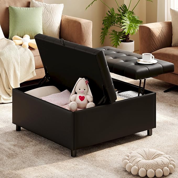 LINLUX Extra Large Leather Storage Ottoman, 35.5 Inch Large Square Lift Top