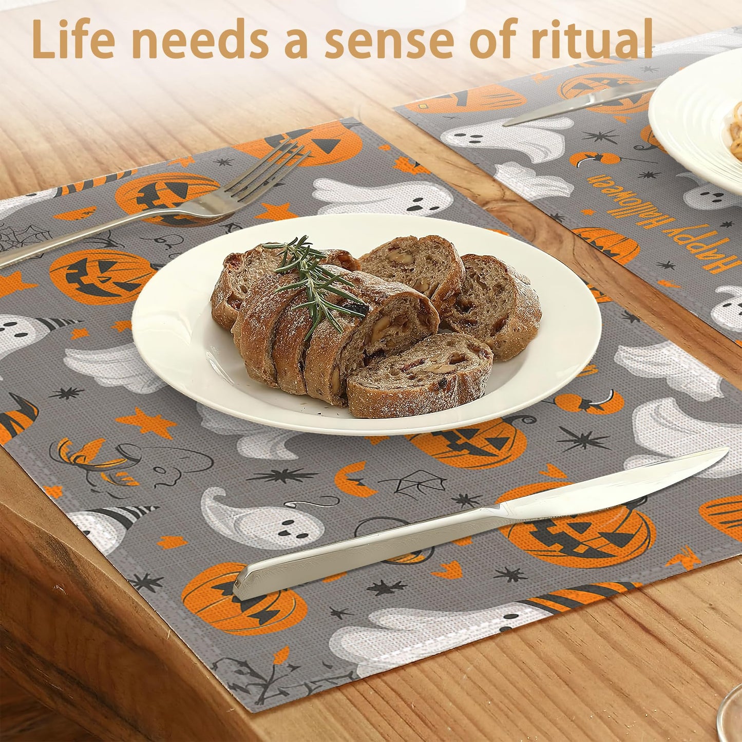 Placemats Set of 6,Pumpking Ghost Table Mats,Halloween Washable Linen Table Mats,Non-Slip Heat Resistant Placemats for Party Kitchen Dining Indoor Outdoor 12"x18"
