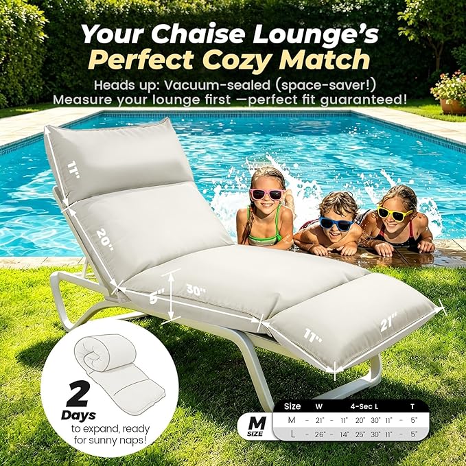 Outdoor Chaise Lounge Chair Cushion, Waterproof Non-Slip Patio Chaise Lounge