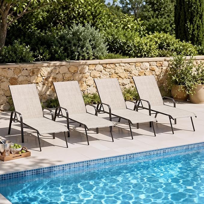 Crestlive Products Outdoor Chaise Lounge Chair, 5-Position Pool Lounge Chairs