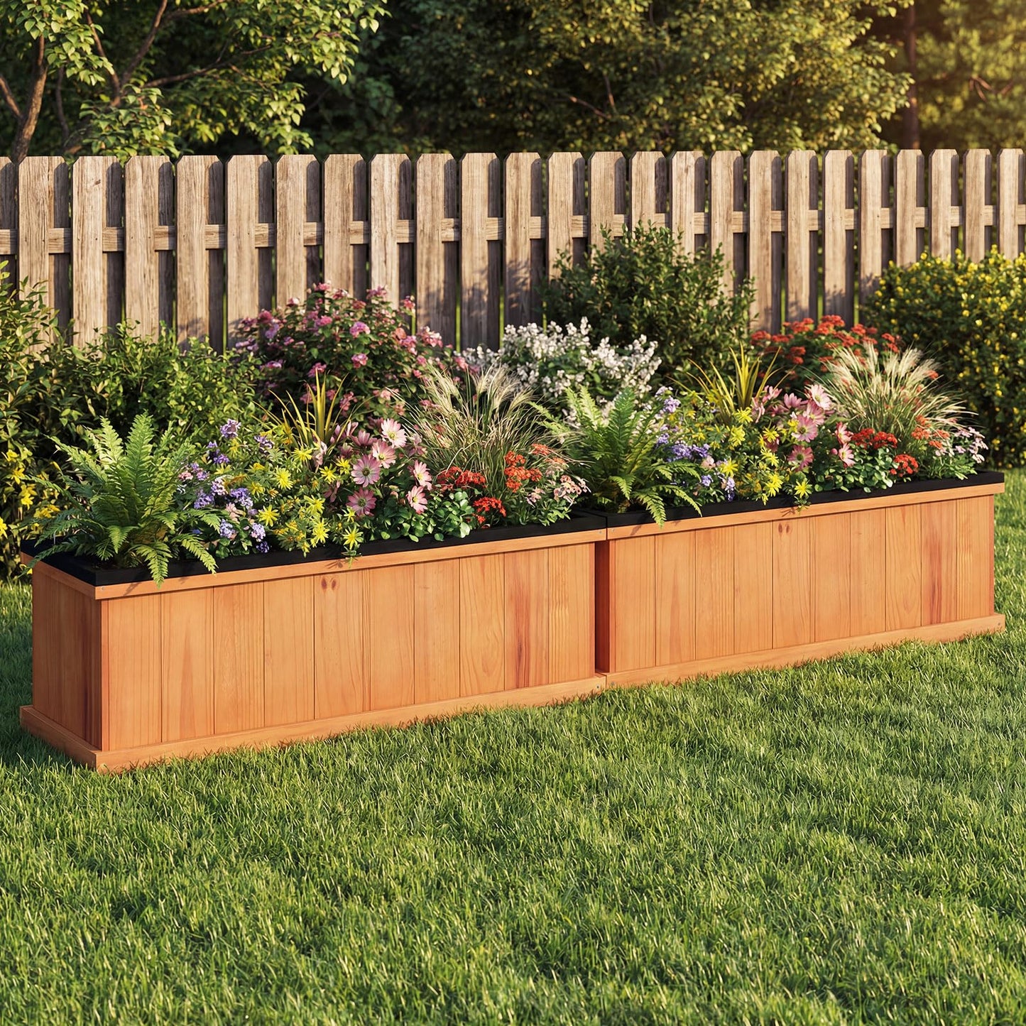 Giantex Outdoor Raised Garden Bed, 40” x 13” x 12” Pine Wood Planter Box with 3 Drainage Holes, Removable Bottom & Bed Liner, Rectangular Flower Container for Vegetables, Herbs, Indoor & Outdoor