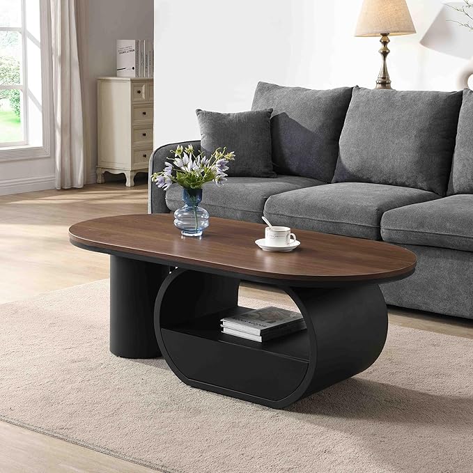 Modern Oval Coffee Table, 47.24" Brown Wood Top Coffee Table
