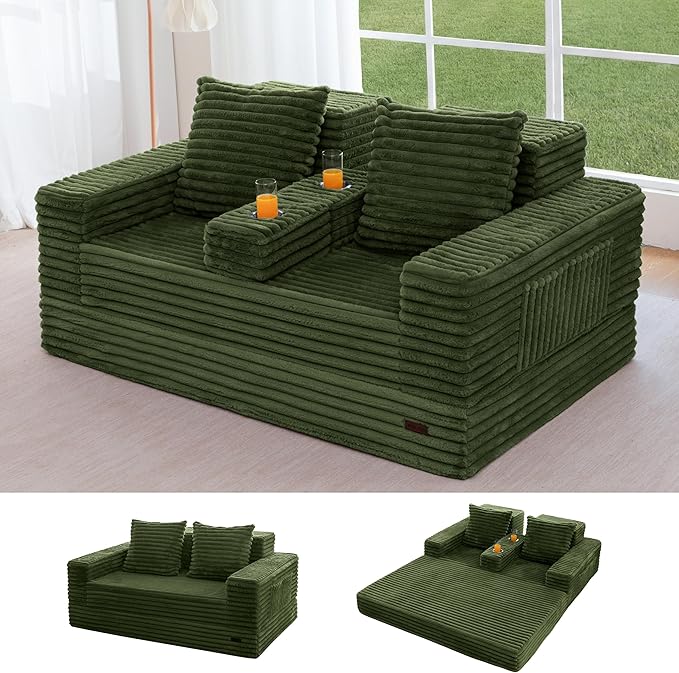 MAXYOYO Loveseat Sofa Bed, Striped Faux Fur Foldable Floor Sofa Couch in A Box