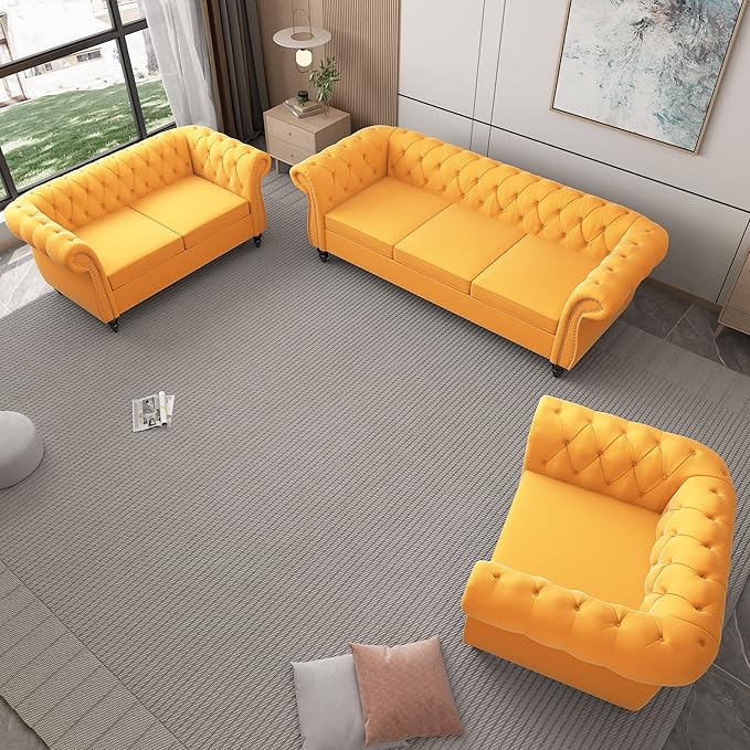 ORRD 3 Piece Living Room Set, Velvet Chesterfield Sofa Loveseat Couch Chair