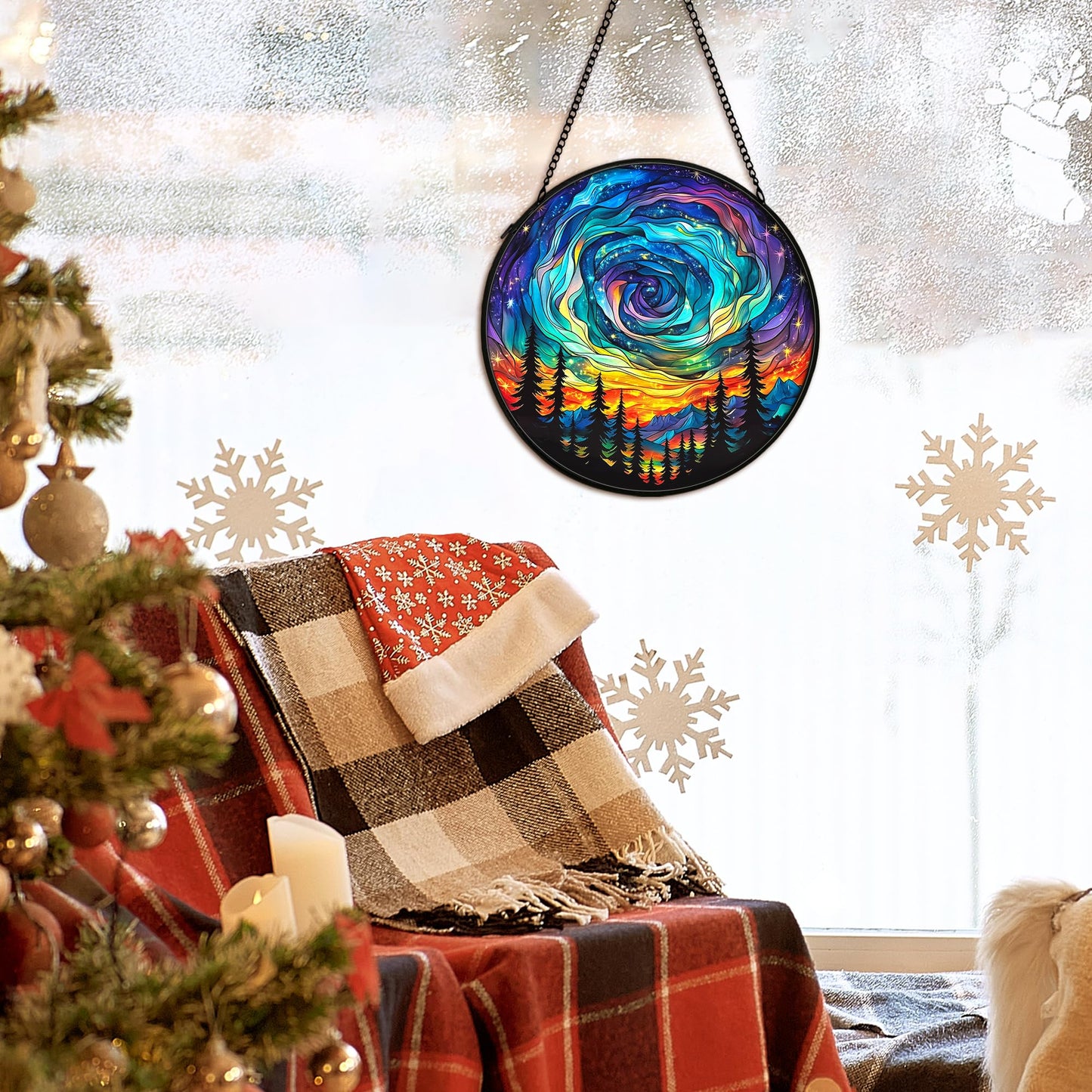 cvjutf Northern Lights Suncatcher Stained Glass Window Hanging Decor Ornaments, Nature Mountain Stained Glass Decor, Landscape Garden Lawn Sun Catchers Hanging Wall Art, Nature Lover Gifts,7.9x7.9In
