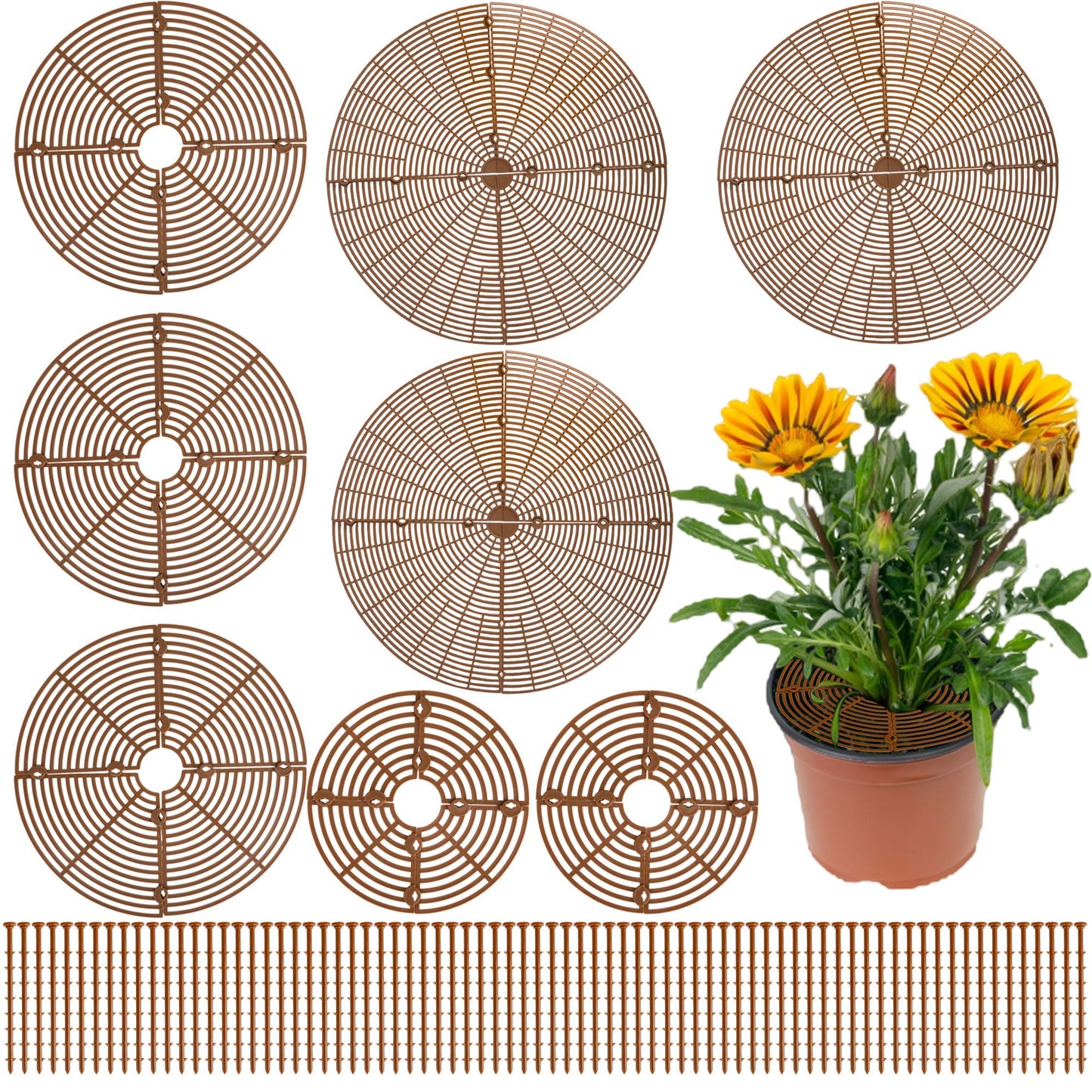 8 Pcs Plant Pot Grid Cuttable Flower Soil Protector 3 Pcs 20.8" 3 Pcs 11.8" and 2 Pcs 7.5" Plant Pot with 76 Pcs Stakes ABS Environmentally Friendly Plastic Cat Pet Digging Stopper for Indoor Outdoor