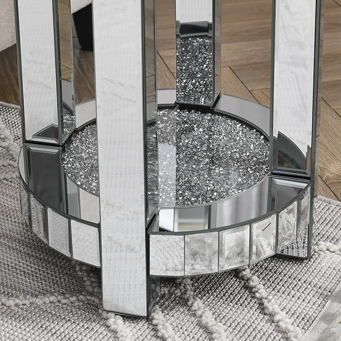 Mirrored Round End Table with Crystal, 2-Layer Modern Small Sofa Table with