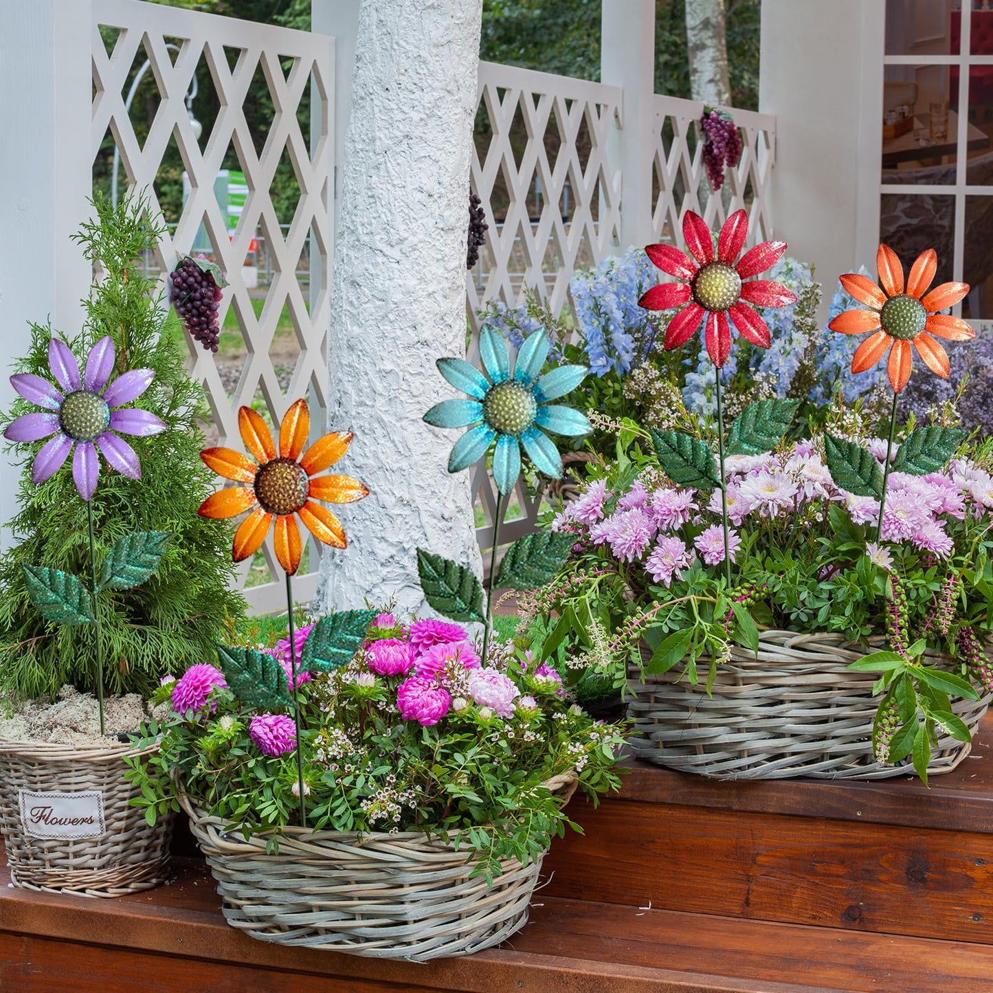 HUTHDAK Metal Flowers for Outside,5 Pack 16.15" Decorative Garden Stakes with Swaying Flowers Head Yard Art,Spring Garden Decor for Lawn, Pathway & Yard