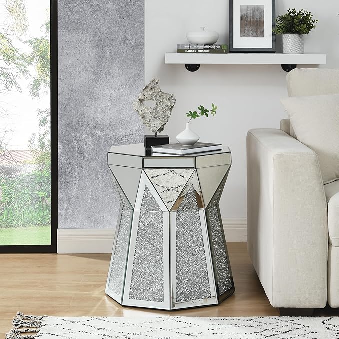 Drum End Table with Mirror Crystal, Modern Design Luxury Furniture, 20 inch