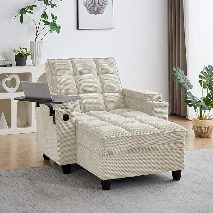 Oversized Recliner Chair with Swivel Tray Table, Modern Tufted Linen Fabric