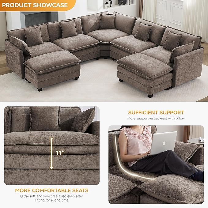 113'' V Shaped Cloud Sectional Sofa, Oversized Deep Seat Couches