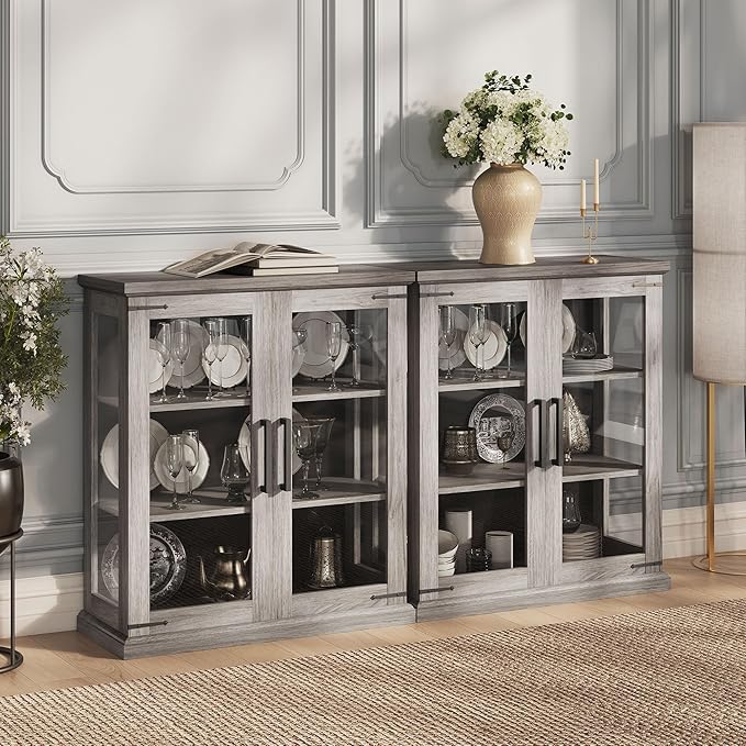 BELLEZE Set of 2 Glass Display Cabinet, Living Room, or Kitchen