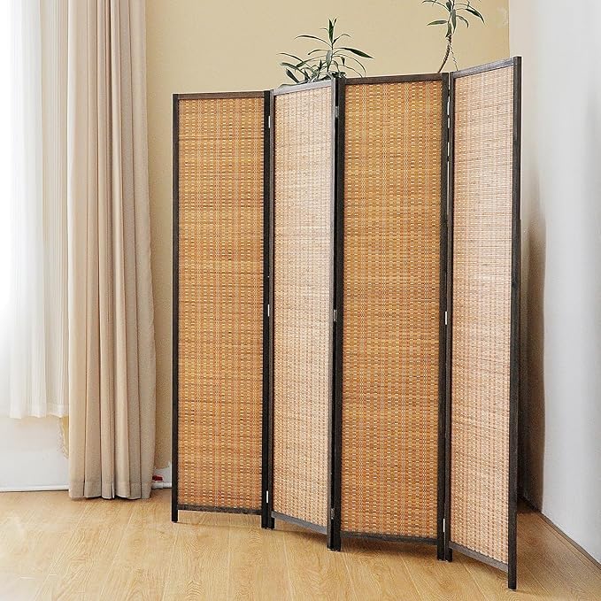 4 Panel Bamboo Room Divider Screen, 5.6 FT Tall Bamboo Divider Folding Panel