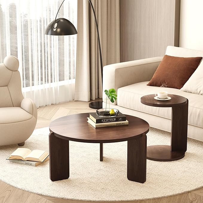 GDFStudio Round Nesting Coffee Table Set of 2, Modern Wooden Accent Side Table