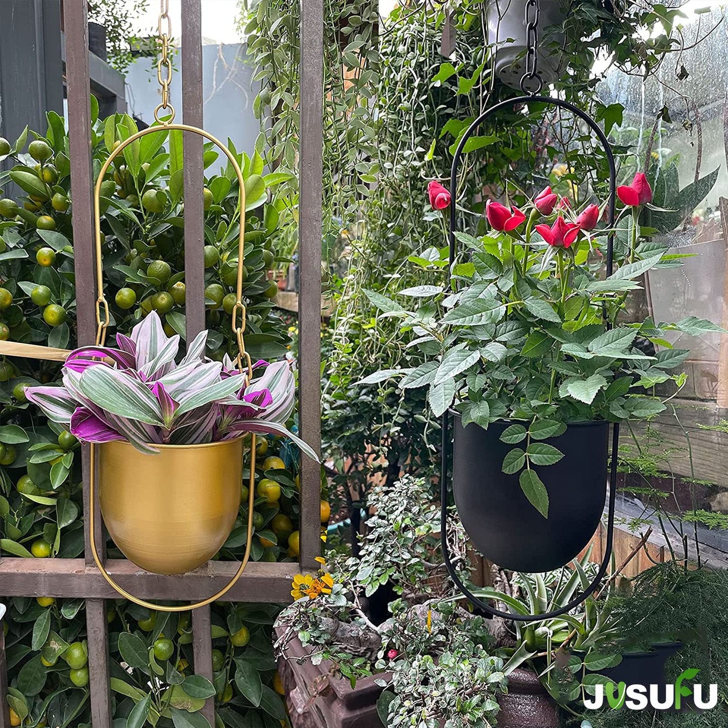 JUSUFU Metal Hanging Planters for Indoor and Outdoor Plants (Black)