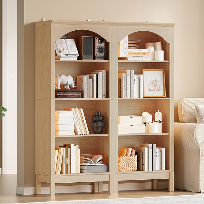 Arched Bookshelf with 4 Tier Open Shelves, Study and Living Room, Natural Oak
