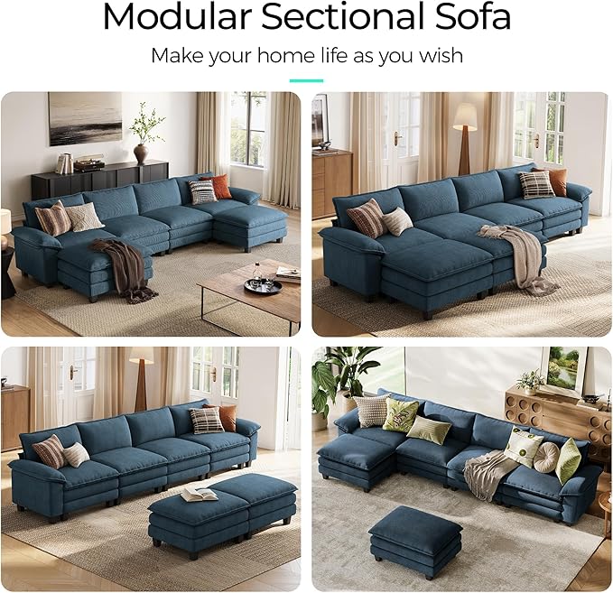 LINSY HOME 157" Modular U-Shaped Sectional Sofa, 4-Seat Corduroy Modern Cloud