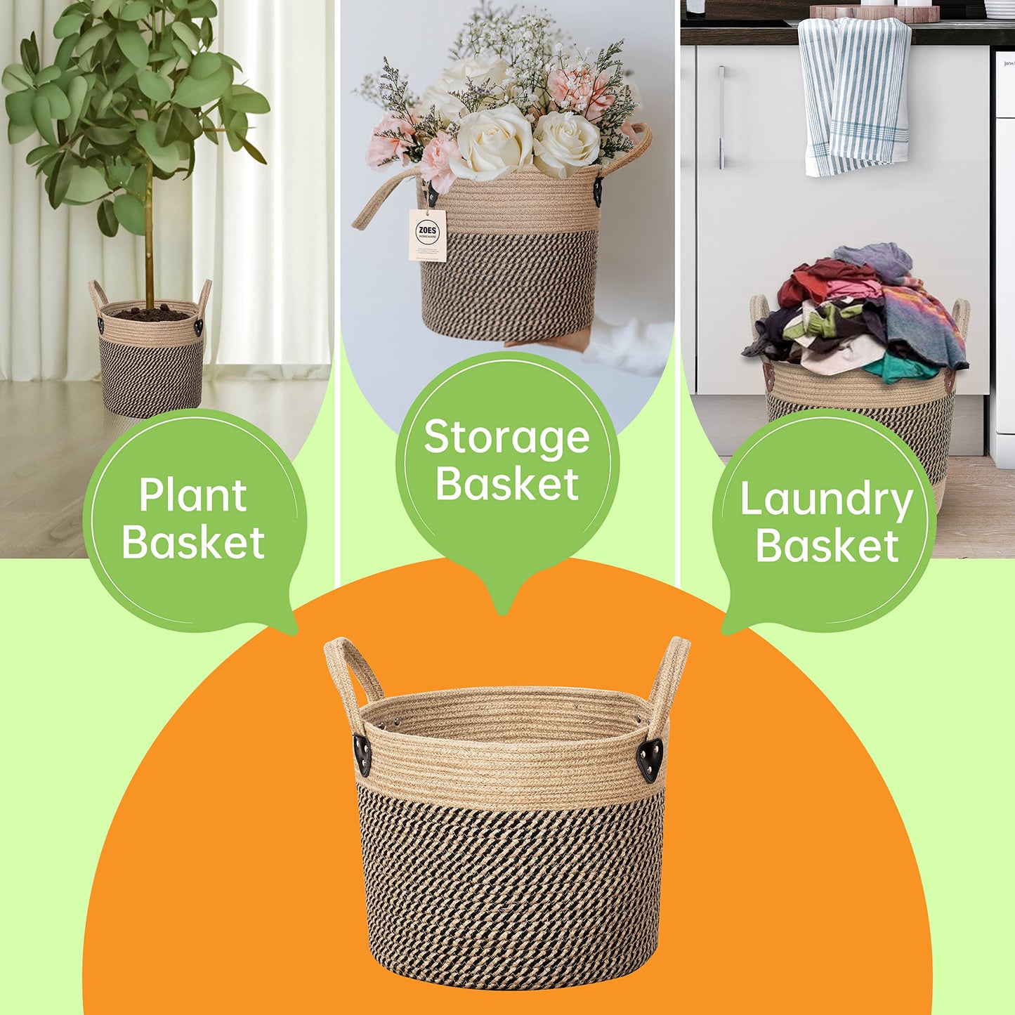 Zoes Homeware Jute Rope Basket - 12"x12" Woven Plant Pot Cover, Boho Indoor/Outdoor Multifunctional Storage