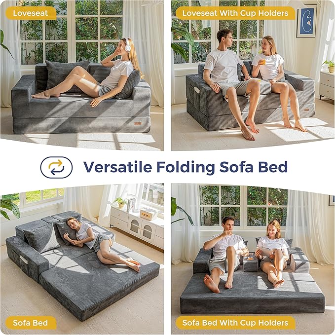 MAXYOYO Loveseat Sofa Bed, 4 in 1 Convertible Boneless Couch Folding Recliner