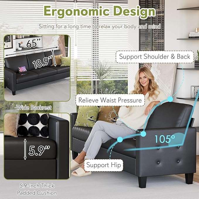 STHOUYN Black Faux Leather 3 Seater Sofa and Accent Chair Set of 2, Modern