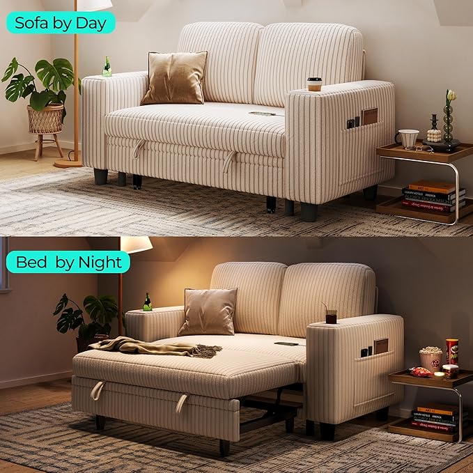 LINSY HOME Sectional Sleeper Sofa Bed, Corduroy Pull Out Couch