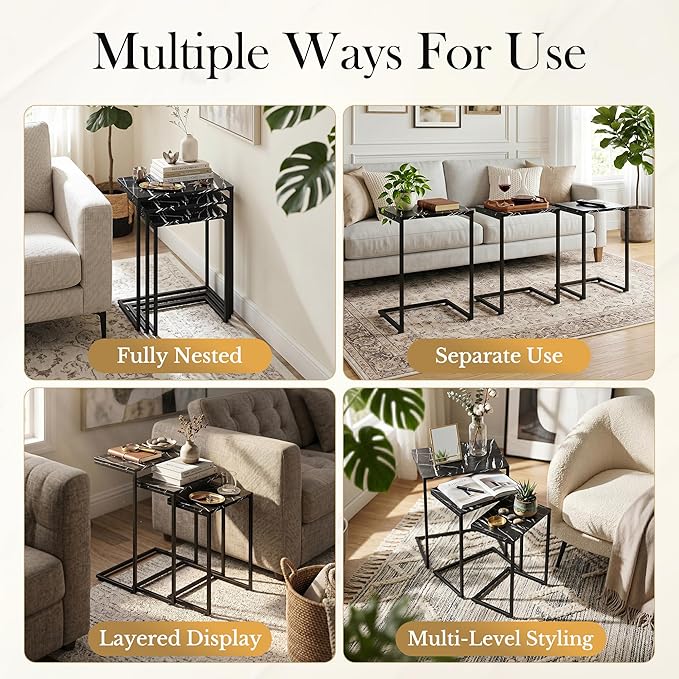 SUPER DEAL Nesting Tables Set of 3, Industrial C Shaped End Table Stackable