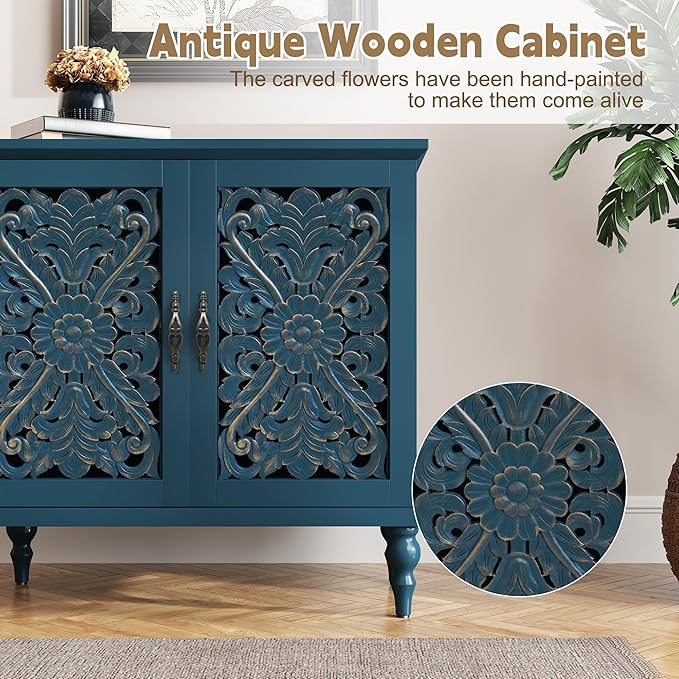 ARTPOWER Accent Cabinet with 2 Doors, Vintage Carved Wood Storage Cabinet