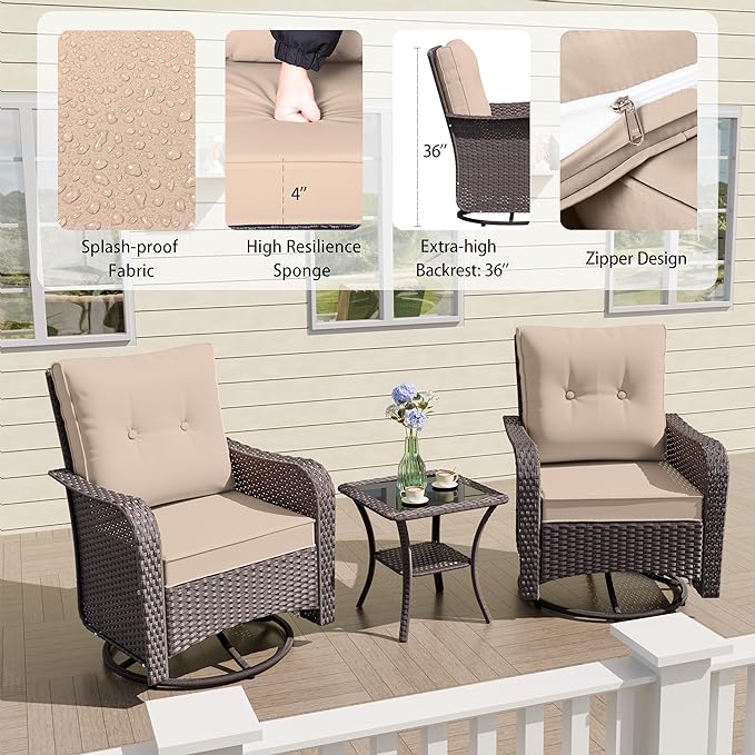 ALAULM 3 Piece Wicker Patio Chairs Outdoor Swivel Rocker Chairs