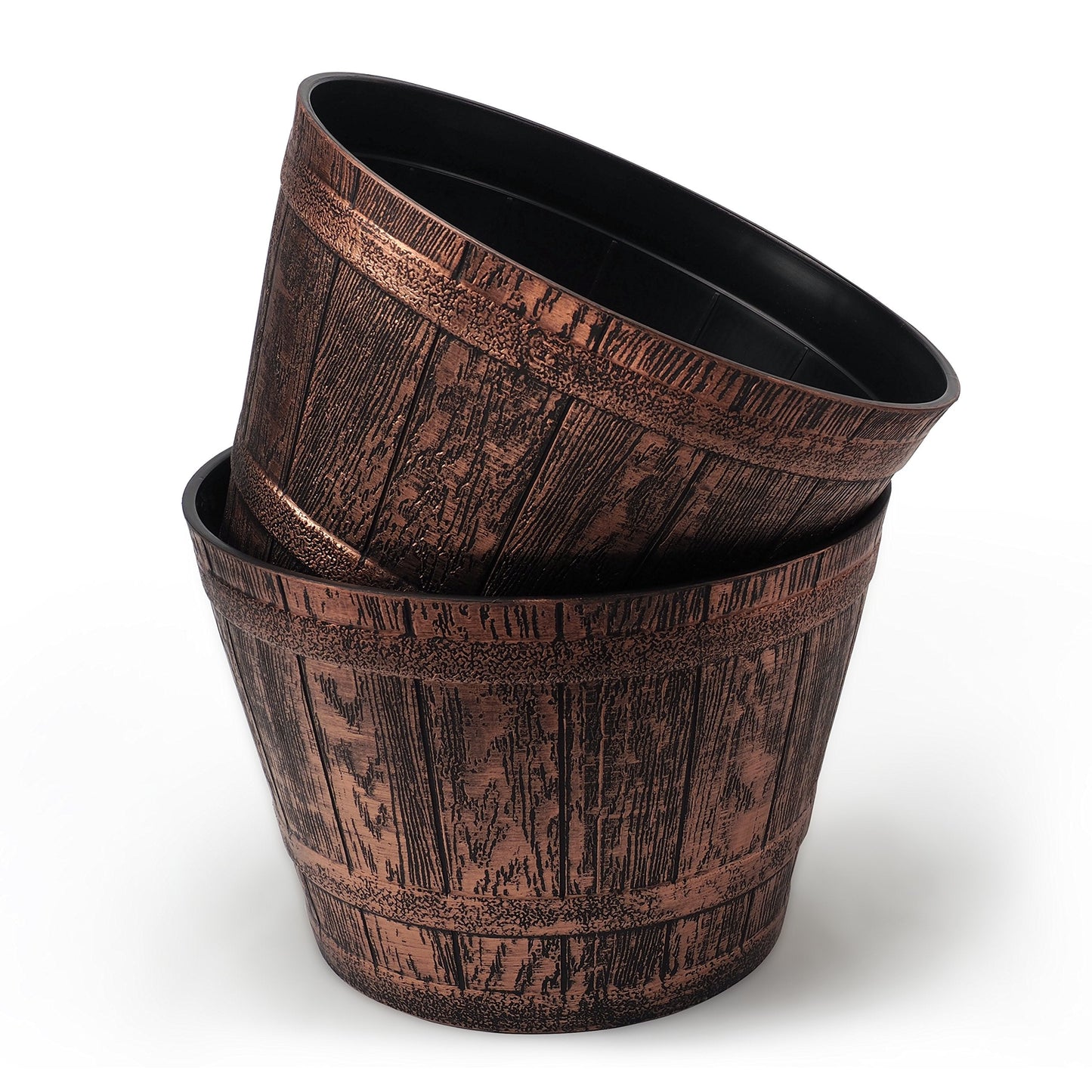 Sapphire Plant Pots Set of 2 Pack 10 inch, Copper Whiskey Barrel Planters with Drainage Holes. Plastic Decoration Flower Pots Imitation Wine Barrel Design (Copper-S)