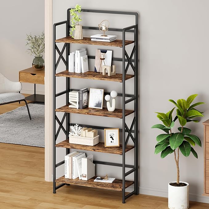 No Assembly Folding Bookshelf, 5 Tiers Vintage Wood Collapsible Book Shelf