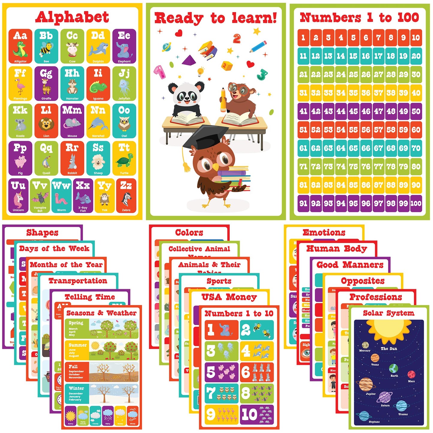 Set of 21 , Toddler Learning Posters, For Classroom Posters -17" x 11"-Educational Posters For Toddlers 1-3, Shapes For Classroom Wall , Education Kids Learning Poster , 21pcs- waterproof poster