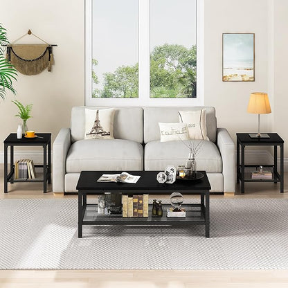AWQM Coffee Table Set of 3, Industrial Coffee Table with 2 Square End Side Tables, Modern Living Room Table Set with Metal Frame for Apartment Home Office, Black