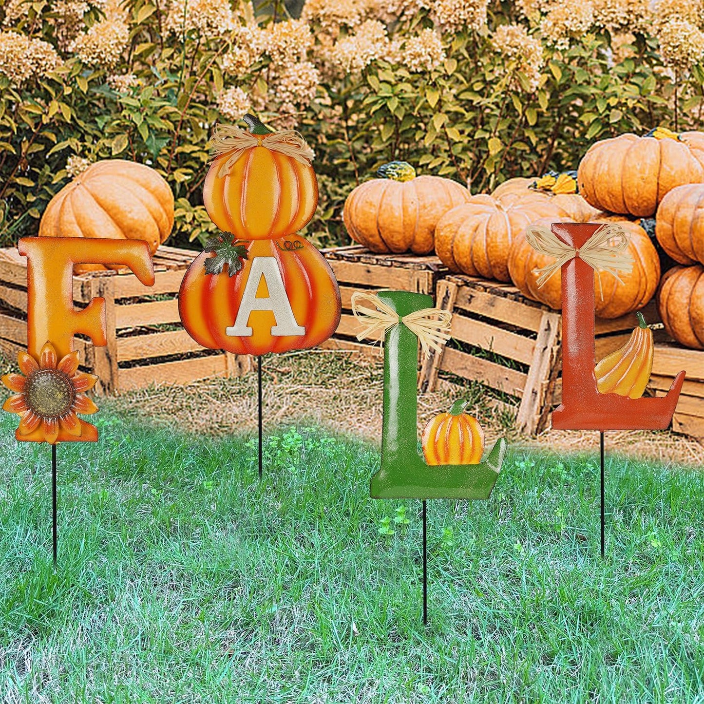 Juegoal 4 Pcs Fall Decorative Garden Stakes, 24 Inch Letter Metal Yard Sign with Pumpkins, Outdoor Art Stake for Thanksgiving Decorations Autumn Harvest Patio Lawn Walkway, Style A