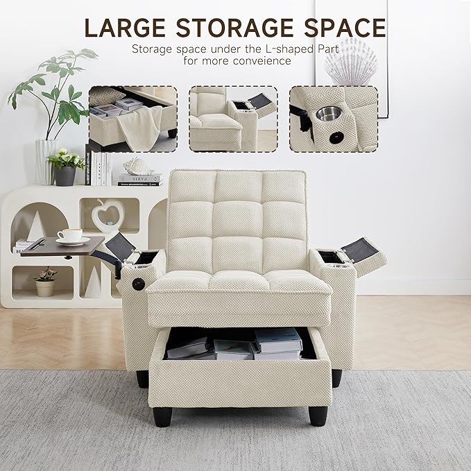 Oversized Recliner Chair with Swivel Tray Table, Modern Tufted Linen Fabric