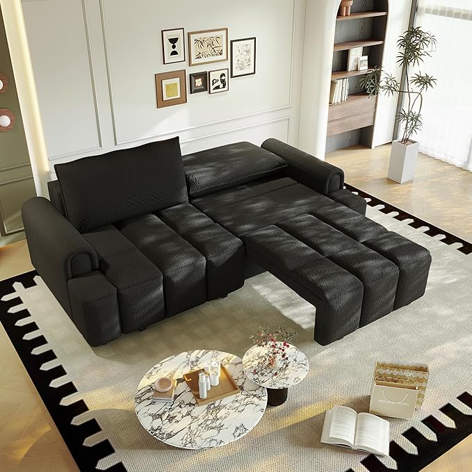 KEIKI 90.2" Modern 3-in-1 Sleeper Sofa Bed – Teddy Fabric 4-Seater Couch