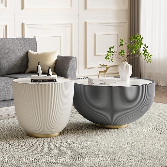Round Marble Coffee Table Set of 2, 2 Piece White Coffee Table and End Table