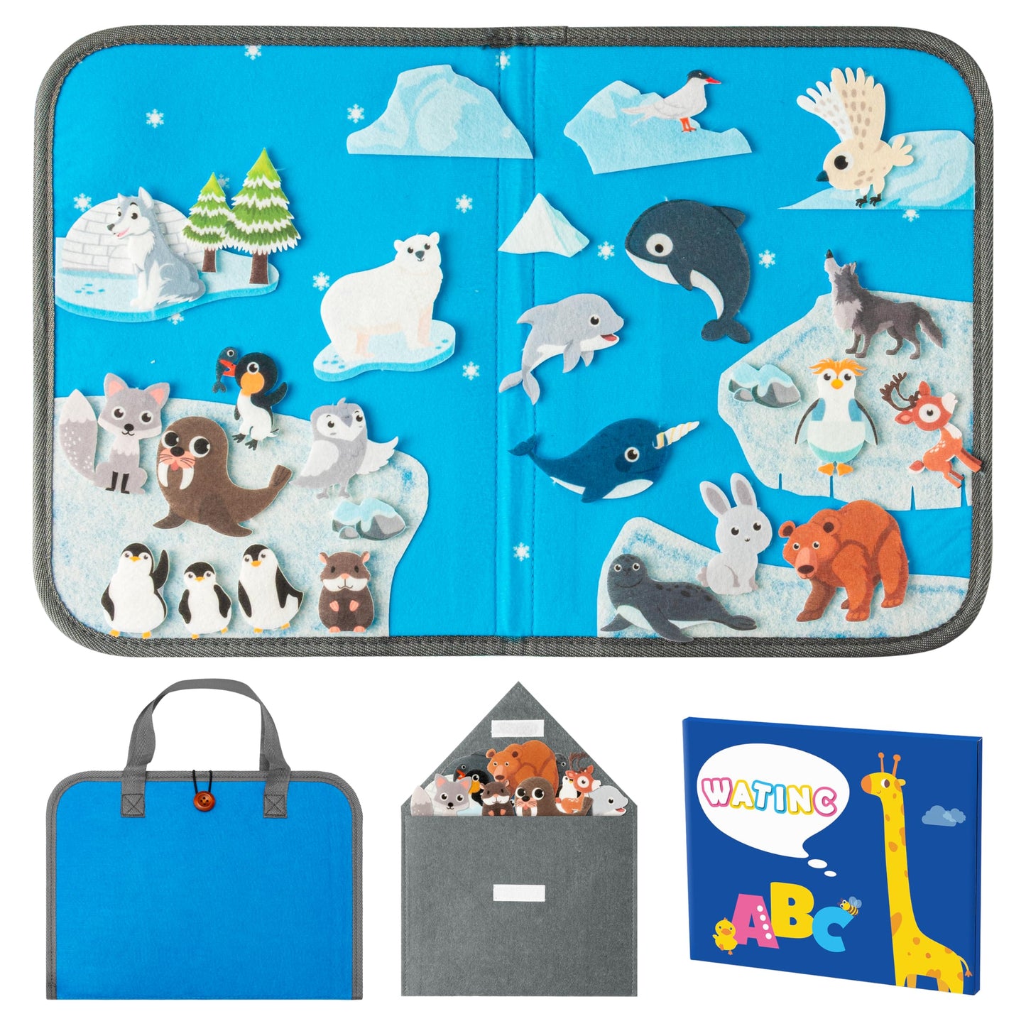 WATINC Travel Felt Board Story Set - 28PCS Portable Felt Board Educational Birthday Gift for Boys & Girls, Themed Storytelling Preschool Early Learning Interactive Play Kit for Toddler (Polar Animals)