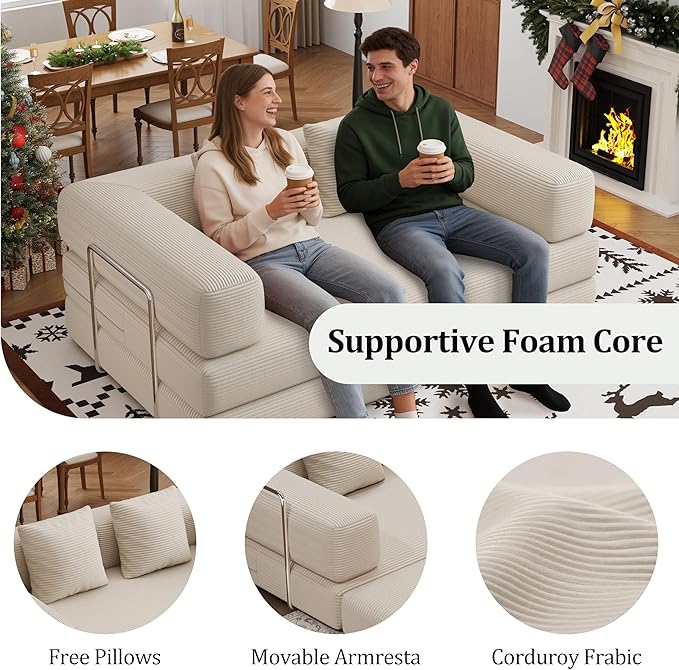 4-in-1 Foldable Sofa Bed Teddy Fabric Foam-Filled Compressed Couch, Beds Queen
