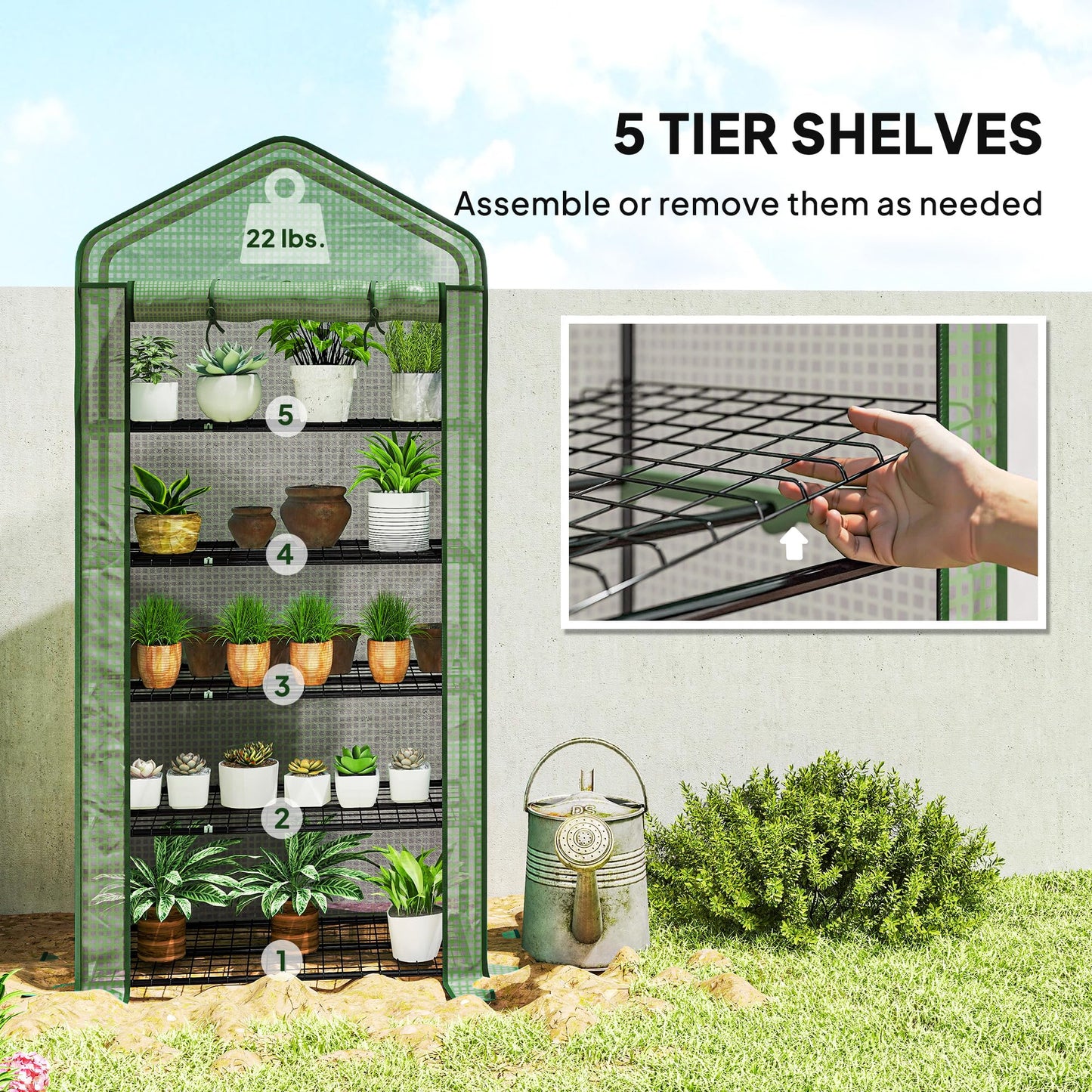 Outsunny 5 Tier Mini Greenhouse, 76" x 35.4" x 19.3" Small Portable Greenhouse with Reinforced PE Cover, Roll-Up Zippered Door, for Indoor Outdoor Garden Yard Backyard, Green