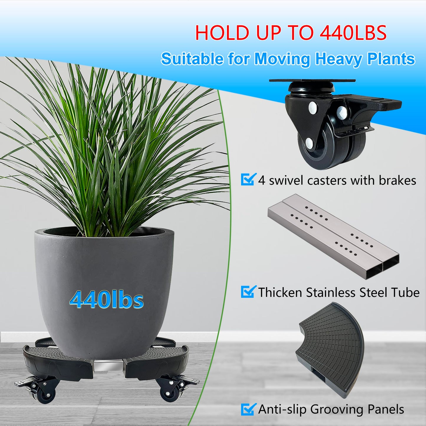 CASIMR Plant Caddy with Wheels, Heavy Duty 440lbs Capacity Rolling Plant Stand, 15-20 Inch Adjustable Indoor Outdoor Plant Dolly, Round Plant Roller Base Flower Pot Rack Holder Trolley Casters Tray, Black