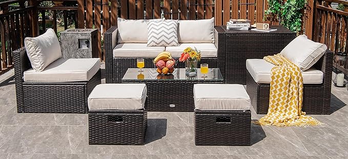 Tangkula 8 Piece Patio Furniture Set, Patiojoy Outdoor Space Saving PE Rattan
