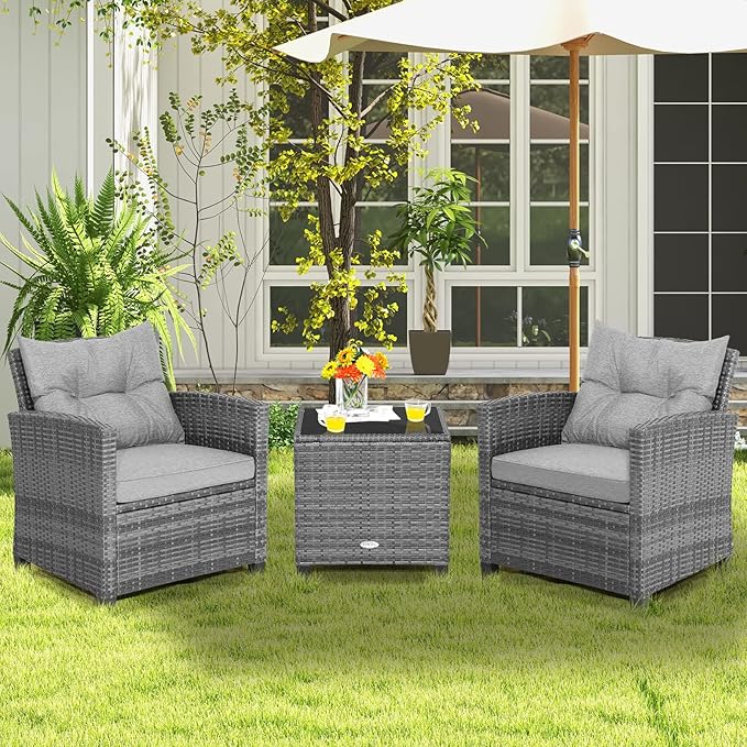 COSTWAY 3-Piece Patio Furniture Set, Outdoor Wicker Rattan Sofa