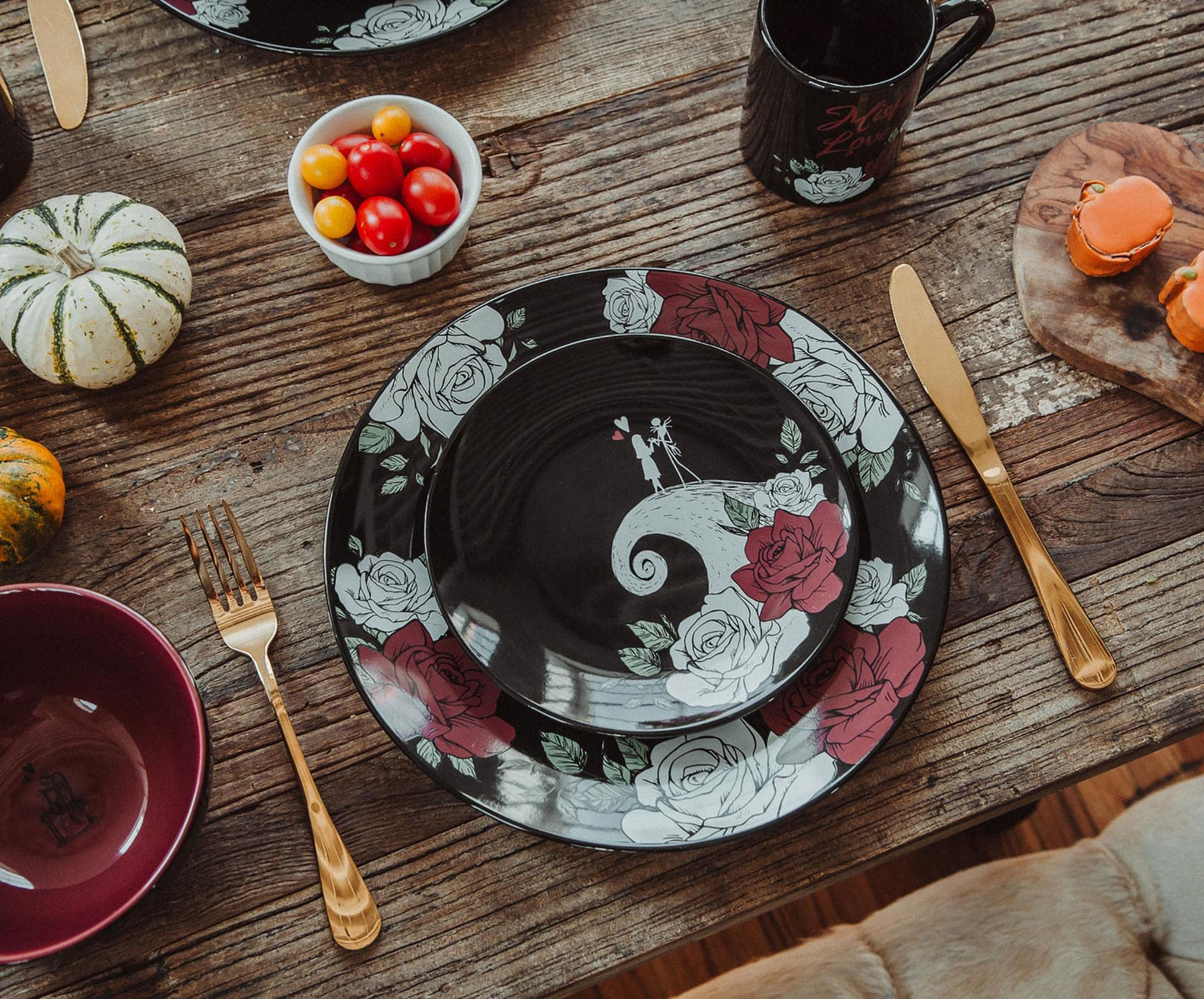 Disney The Nightmare Before Christmas Jack and Sally Roses 16-Piece Ceramic Dinnerware Set | Includes Salad Plates, Bowls, Mugs