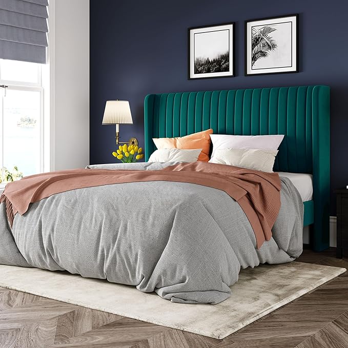 Allewie Queen Size Bed Frame/Velvet Upholstered Platform Bed/Vertical Channel