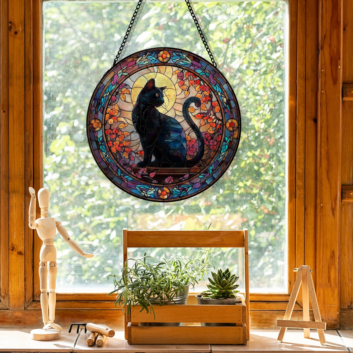 Hxlac Black Cat Christmas Suncatcher Stained Glass Window Hanging, Gothic Black Cat Flower Sun Catchers Indoor Window Glass Round Wall Decor, Halloween Wall Art Hanging Decorations, ＂7.8x7.8＂
