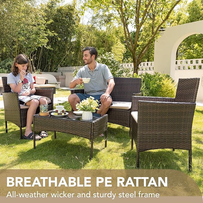 Devoko 4 Pieces Outdoor Patio Furniture Set, PE Rattan Wicker Chairs Balcony