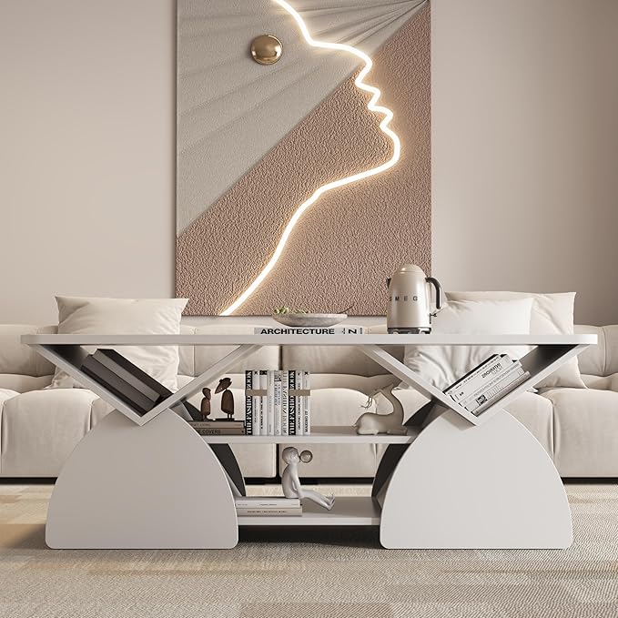 Modern White Coffee Table 47 in, Rectangular Living Room Table