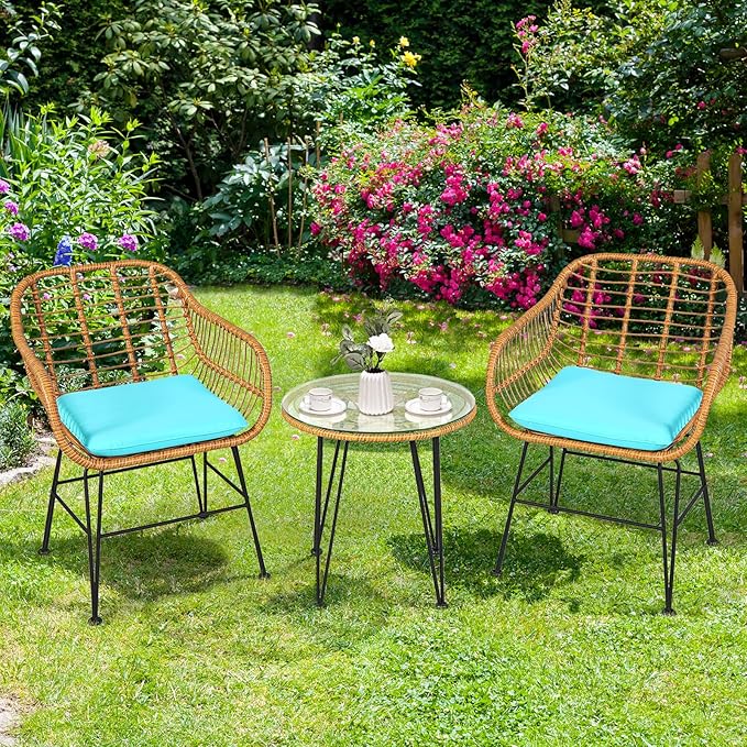 Tangkula 3 Pieces Patio Bistro Set, Rattan Conversation Set