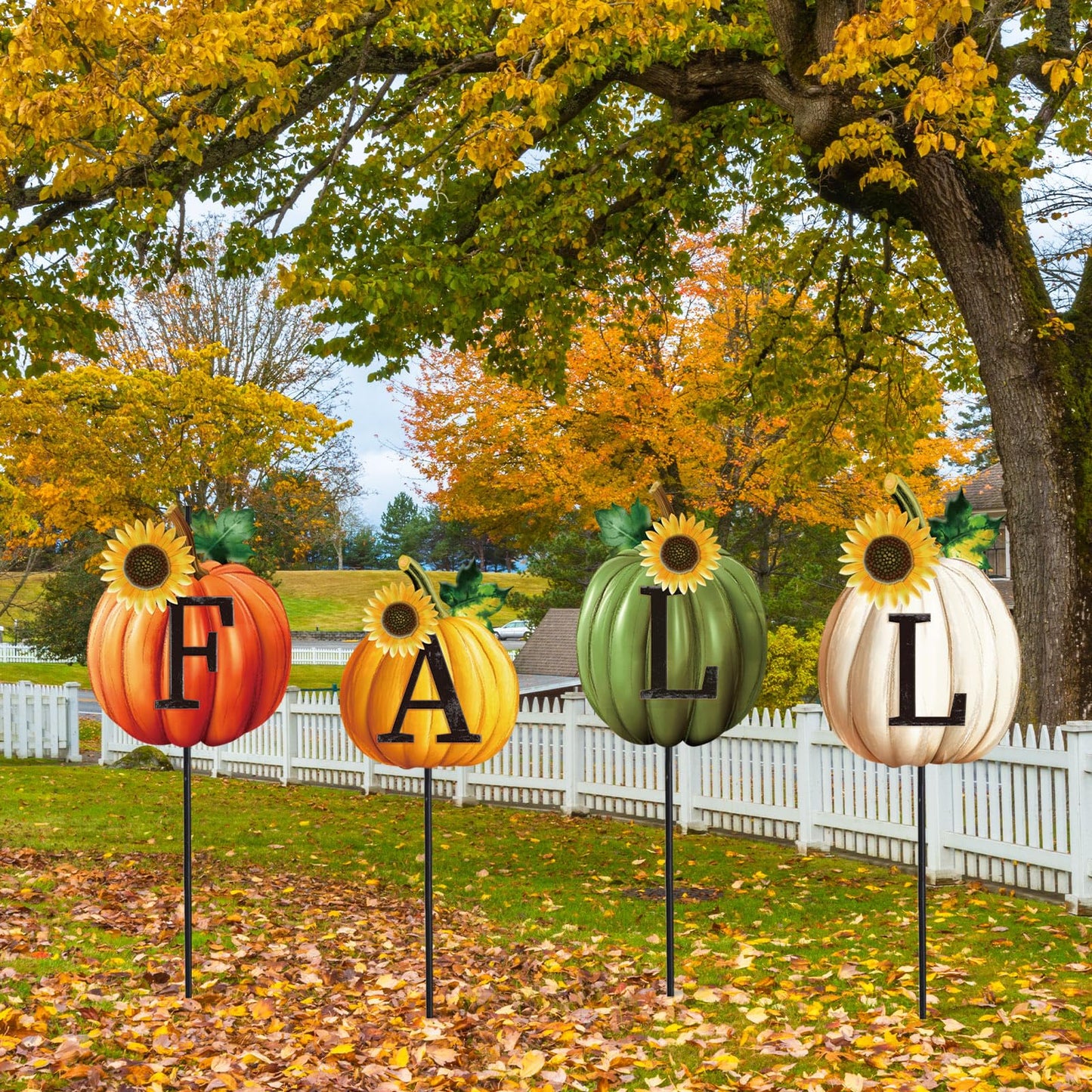 JarThenaAMCS Set of 4 Thanksgiving Pumpkin Metal Garden Stakes Fall Pumpkin Decorative Lawn Sign Seasonal Autumn Welcome Yard Sign for Harvest Home Outside Lawn Porch Decor